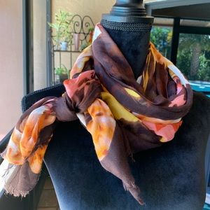 Brown long scarf with yellow/peach flowers